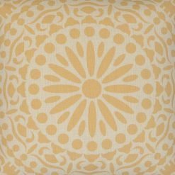 Close up image of square cushion cover with wheat coloured mandala design