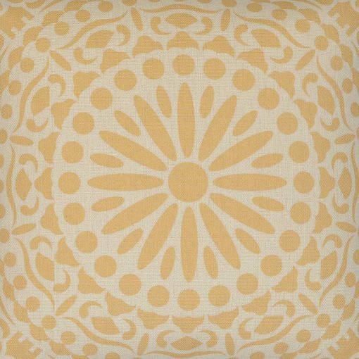 Close up image of square cushion cover with wheat coloured mandala design