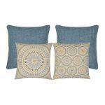 Mandala inspired 4 square cushion set in blue and pastel yellow colours