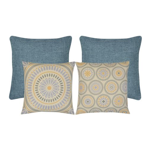 Mandala inspired 4 square cushion set in blue and pastel yellow colours