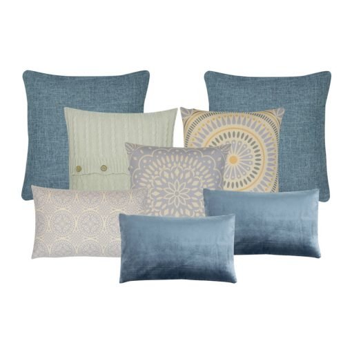 Clean, Bohemian inspired cushion collection in blue and yellow colours