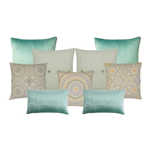 Cool mint and pastel yellow cushion collection in varying textures of fabric