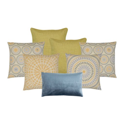 Photo of Bohemian yellow and blue inspired cushions in square and rectangular sizes