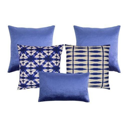 Photo of 5 tie-dye patterned cushion cover collection in blue and white colours