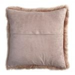 Zipper side image of rose coloured square cushion in fur material