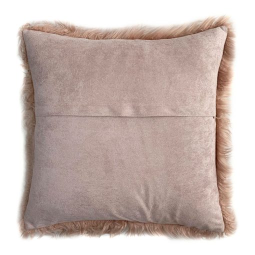 Zipper side image of rose coloured square cushion in fur material