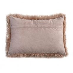 Back of rose coloured rectangular fur cushion cover