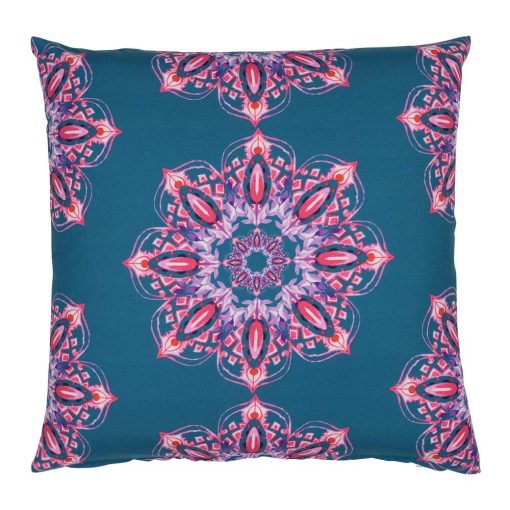 Front view of Caravan Fantasy outdoor cushion with blue and pink kaleidoscope pattern made of water and mould repellent material