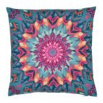 Front view of colourful, square outdoor cushion cover in kaleidoscope pattern water repellent material