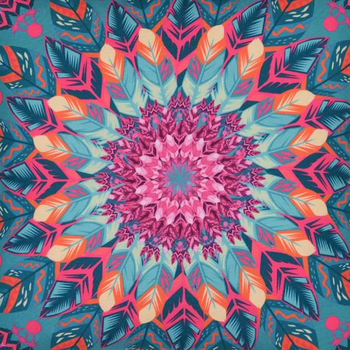 Close up view of colourful outdoor cushion with kaleidoscope motif water and mould resistant