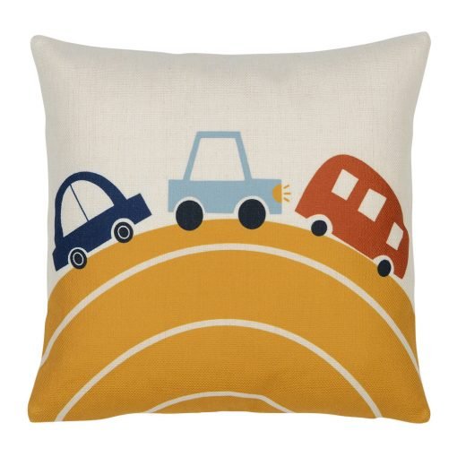 Photo of colourful cushion cover with cars and a hill perfect for boys