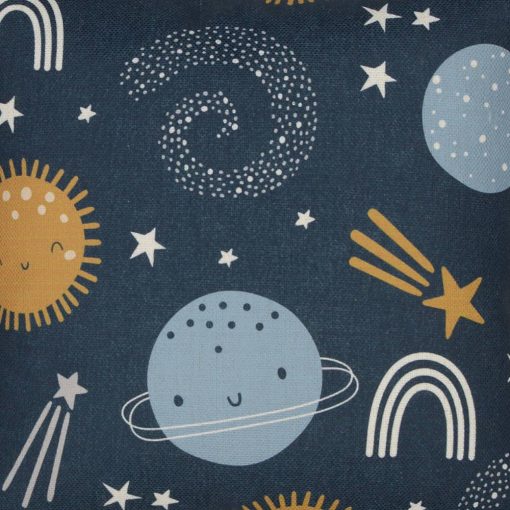 Close up image of blue kids cushion cover with planets and stars