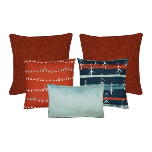 Photo of 5 Christmas-themed cushion collection in red and teal blue colours