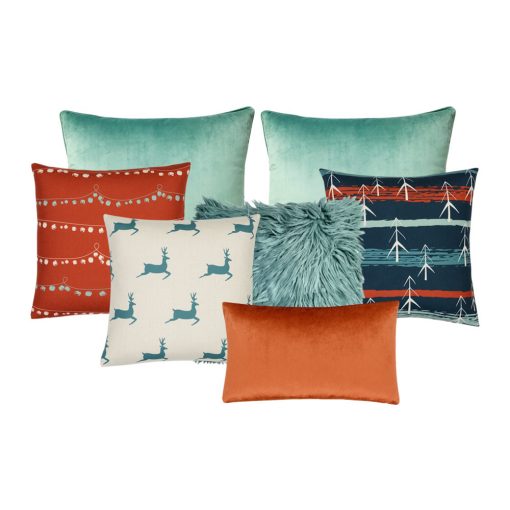 Photo of 7-cushion collection in teal, red colours made of varying textures