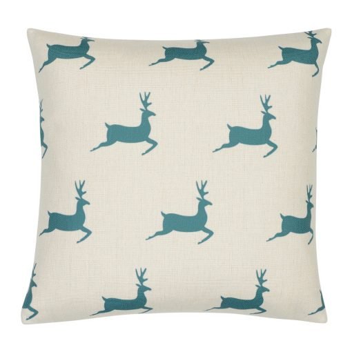 Photo of 45cm x 45cm square cushion with teal Christmas reindeers