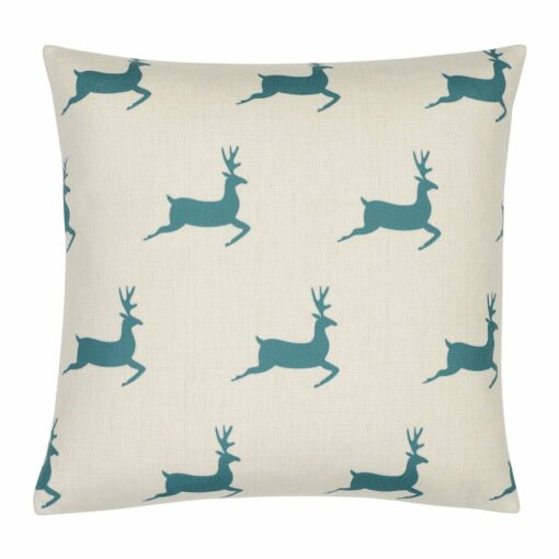 Photo of 45cm x 45cm square cushion with teal Christmas reindeers