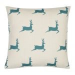 Cotton linen blend cushion with teal Christmas reindeers