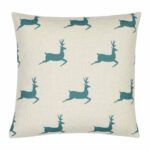 Cotton linen blend cushion with teal Christmas reindeers