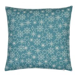 Photo of square teal cushion with winter Christmas snowflakes