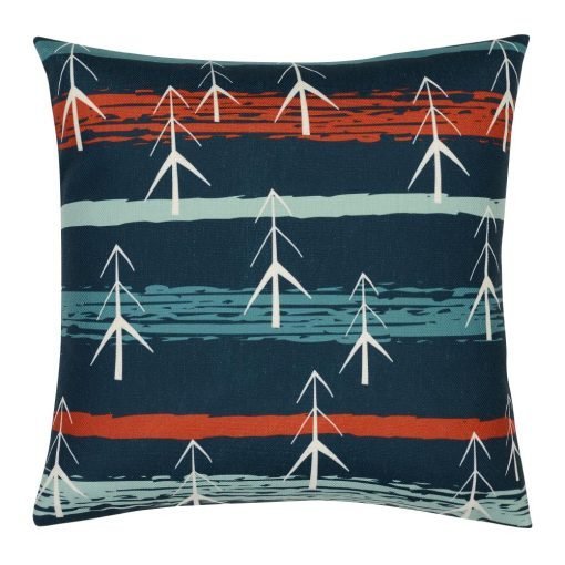 Red and teal square cushion with white pine trees