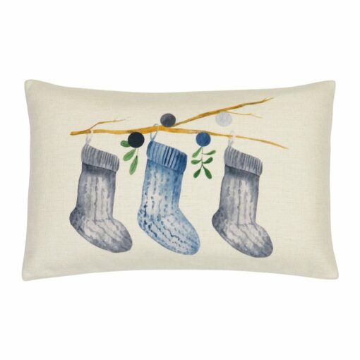 Image of rectangular cushion with grey and blue Christmas socks