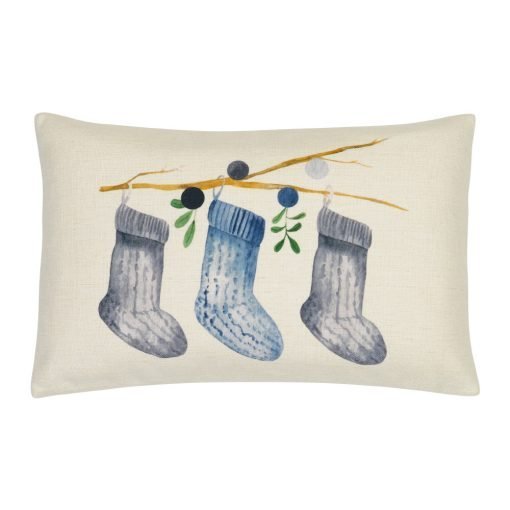 Cute and minimalist rectangular cotton linen blend cushion with Christmas socks and mistletoe