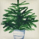 Close up photo of minimalist cushion cover with green plant in a pot