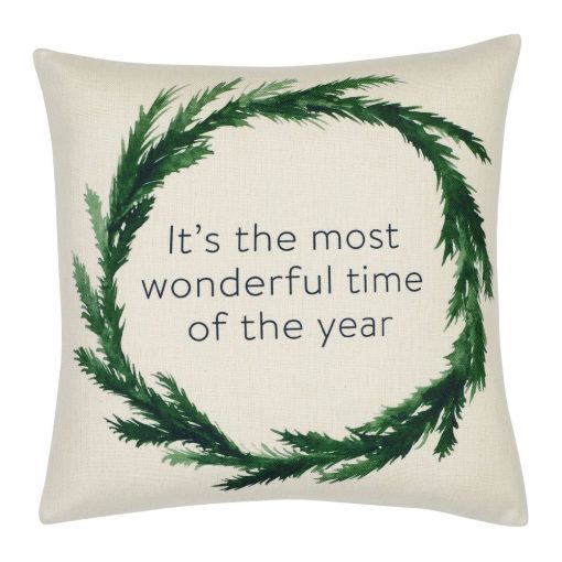 Cotton linen blend cushion with green Christmas wreath