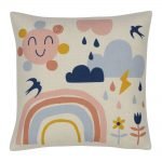 Colourful and cheerful cushion with rainbows, clouds and flowers