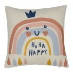 Photo of pastel colour kids cushion with happy rainbow