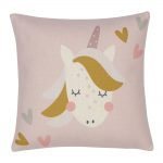 Photo of pink kids cushion with colourful unicorn and hearts