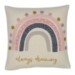Photo of girly pink cushion cover with rainbows and always dreaming print