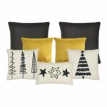 Black and gold Christmas-themed cushion set in velvet and cotton linen blend fabric