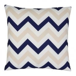A striking geometric pattern is shown on a beige navy outdoor cushion cover.
