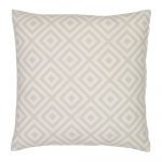 A striking geometric pattern is shown on a beige outdoor cushion cover.