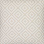 A close up view of a striking geometric pattern is shown on a beige outdoor cushion cover.