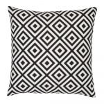 A striking geometric pattern is shown on a black and white outdoor cushion cover.