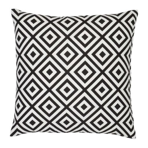 A striking geometric pattern is shown on a black and white outdoor cushion cover.