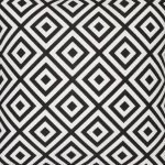 A close up view of a striking geometric pattern is shown on a black and white outdoor cushion cover.