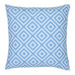 A striking geometric pattern is shown on a bright blue outdoor cushion cover.