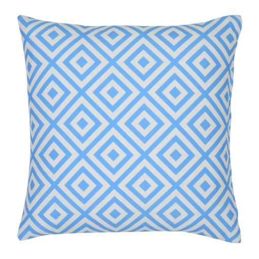 A striking geometric pattern is shown on a bright blue outdoor cushion cover.
