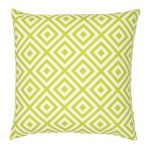 A striking geometric pattern is shown on a lime green outdoor cushion cover.