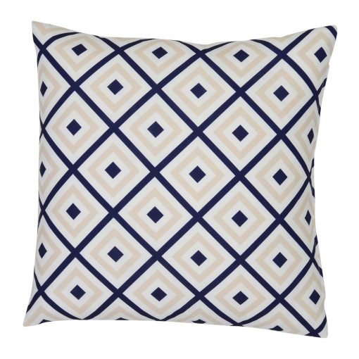 A striking geometric pattern is shown on a beige navy outdoor cushion cover.