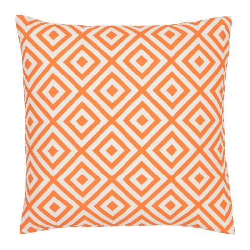 A striking geometric pattern is shown on a orange outdoor cushion cover.