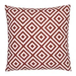 A striking geometric pattern is shown on a red outdoor cushion cover.