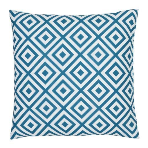A striking geometric pattern is shown on a teal outdoor cushion cover.