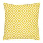 A striking geometric pattern is shown on a yellow outdoor cushion cover.