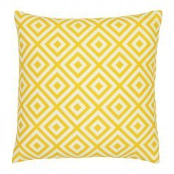 A striking geometric pattern is shown on a yellow outdoor cushion cover.