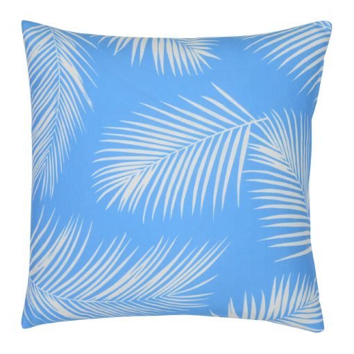 A repeating palm tree leaf print features on a waterproof bright blue outdoor cushion cover.