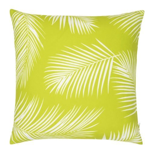 A repeating palm tree leaf print features on a waterproof lime green outdoor cushion cover.